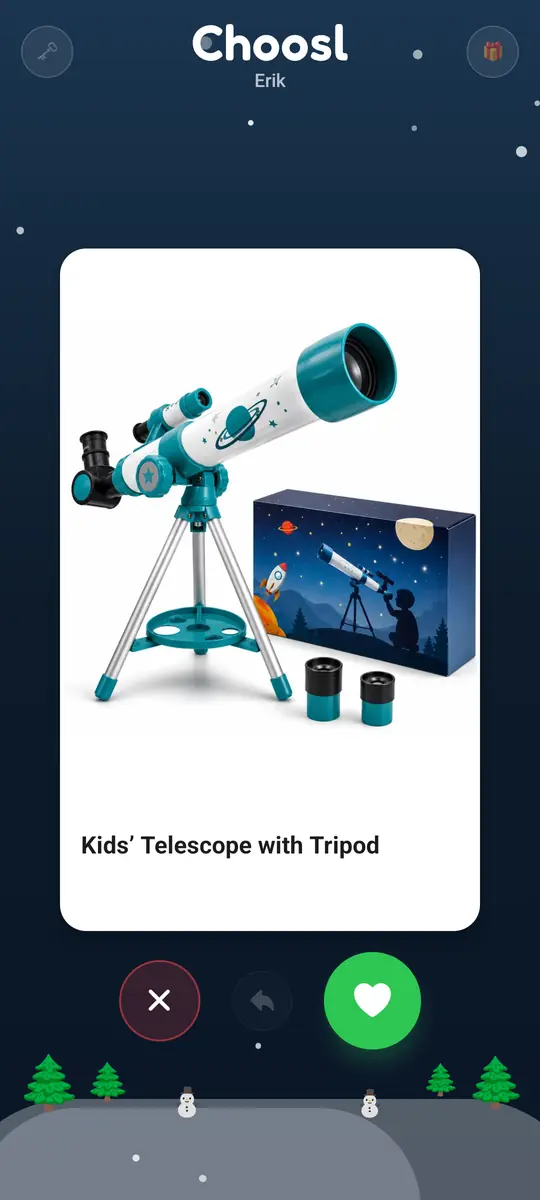 A child's swipe screen showing a kids' telescope, with buttons to skip, undo or like it.